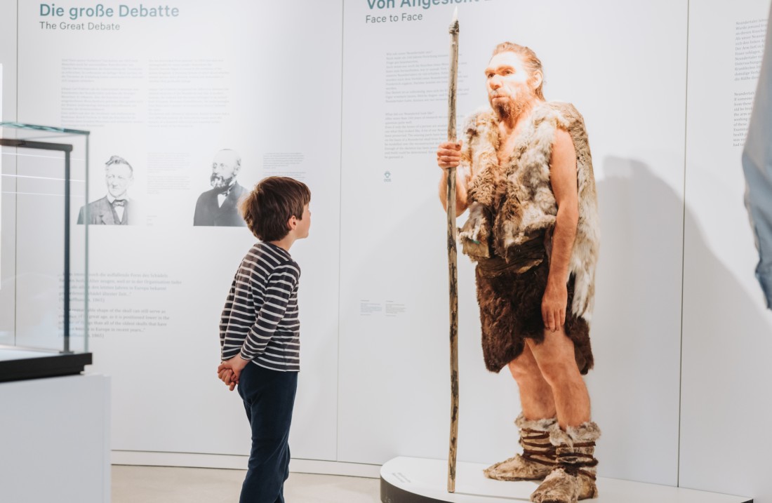 Ein Junge steht vor der Rekonstruktion des Neandertalers.
