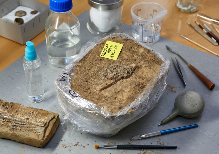 Organische Materialien sind besonders empfindlich. Hier ist eine Blockbergung eines Kammes zu sehen. Foto: J. Vogel, LVR-LandesMuseum Bonn.