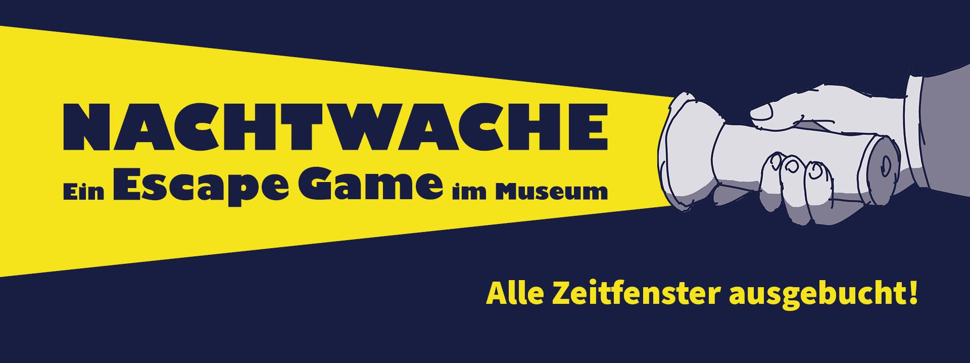 Vor dunkelblauem Hintergrund ragt von rechts eine Hand ins Bild, die eine Taschenlampe hält. Im Lichtkegel der Taschenlampe wird der der Schriftzug 