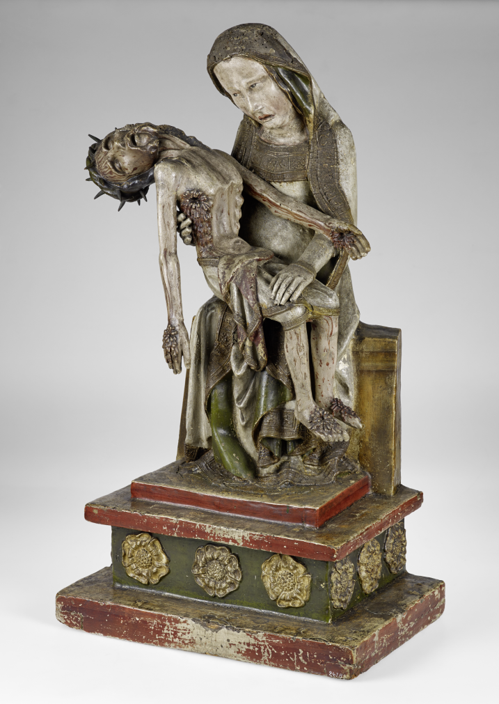 Eine gefasste Holzskulptur. Maria hält den toten Christus im Arm. Die Gesichtsausdrücke sind sehr expressiv. Foto: J. Vogel, LVR-LandesMuseum Bonn.