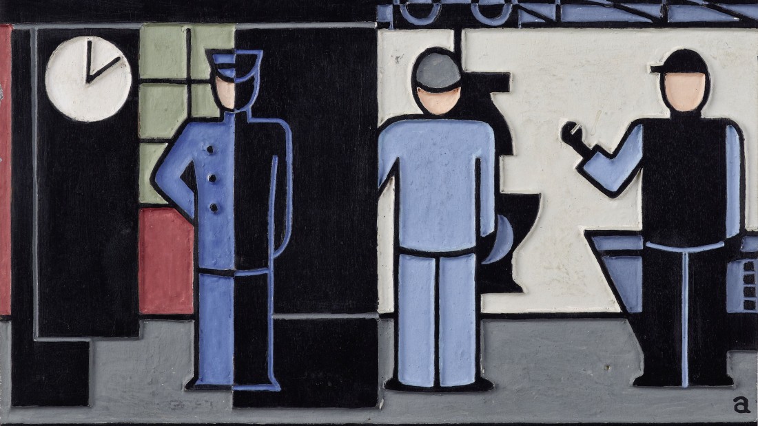 Ausschnitt aus Druckstock "Fabrik", 12 Häuser der Zeit, 1927 von Gerd-Arntz. Zu sehen sind Fabrikarbeiter. 