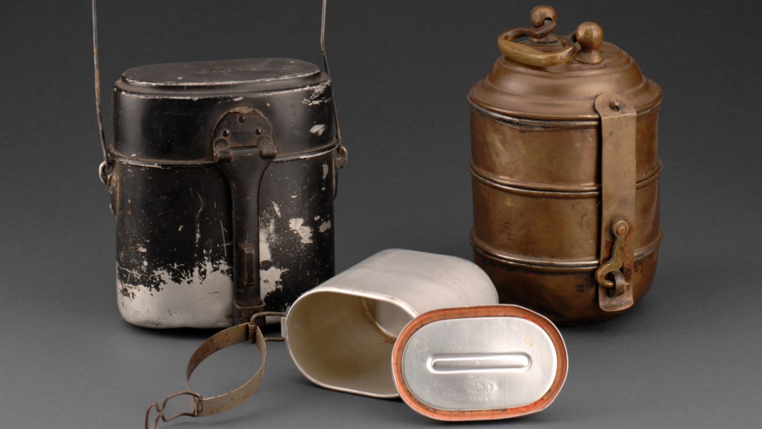 Drei Arten von Henkelmännern sind vor grauer Kulisse zu sehen.