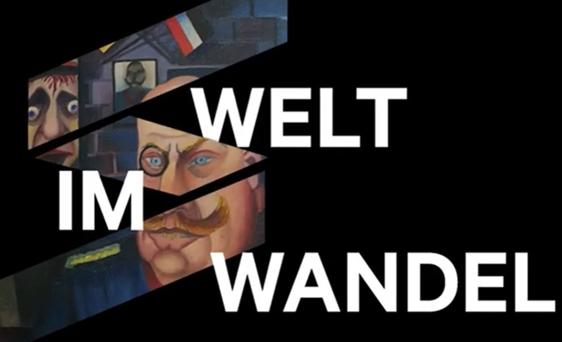 Keyvisual der Dauerausstellung "Welt im Wandel": Schwarzer Grund mit einem transparenten Logo-Band hinter dem das Bild "Der General" von Davringhausen erscheint, dazwischen der Schritfzug "Welt im Wandel"