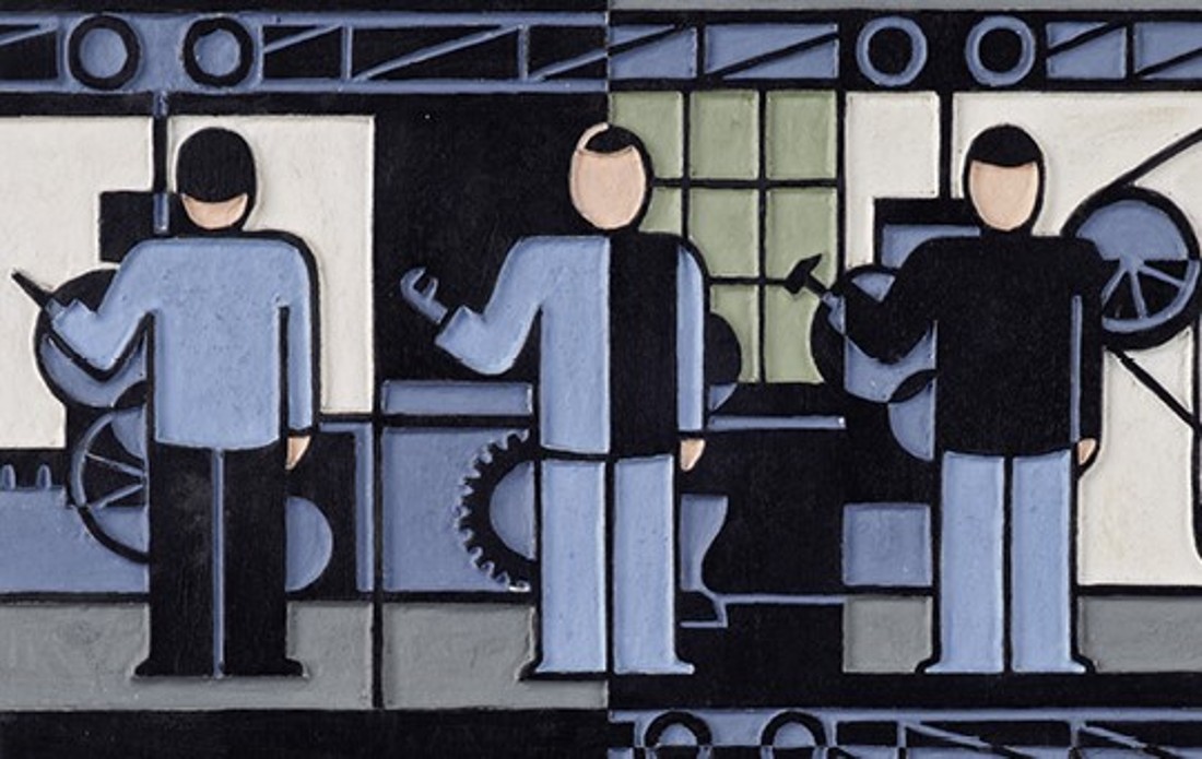 Ausschnitt aus dem kolorierter Druckstock &bdquo;Fabrik&ldquo; von Gerd Arentz - drei stilisierte Fabrikarbeiter,