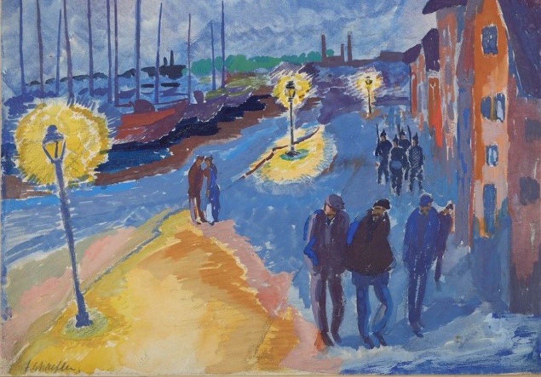 Gem&auml;lde von Fritz Schaefler, St. Quentin am Abend, 1915, Aquarell und Graphit - Menschen flanieren am Abend an einem Kai.