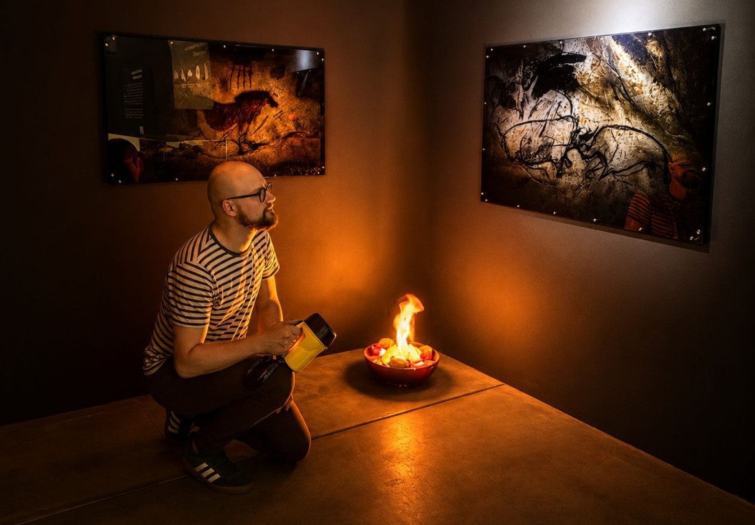 Ein Mann kniet im Bereich Steinzeit vor einem fingierten Lagerfeuer im Escape Game Nachtwache.