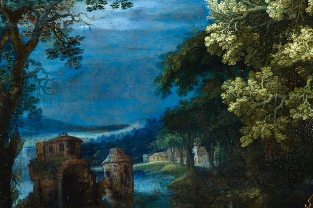 Ausschnitt eines Gem&auml;ldes von Adriaen van Stalbemt, 1. H&auml;lfte, 17. Jh., mit einer in Dunkelheit getrauchten Landschaft.