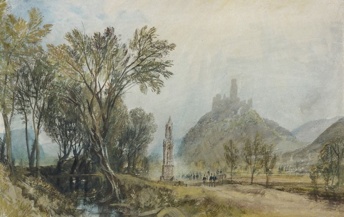 Aquarell von Joseph Mallord William Turner: Landschaftsdarstellung mit dem Hochkreuz im Mittelgrund, seitlich links B&auml;ume und rechts im Hintergrund die Godesburg.