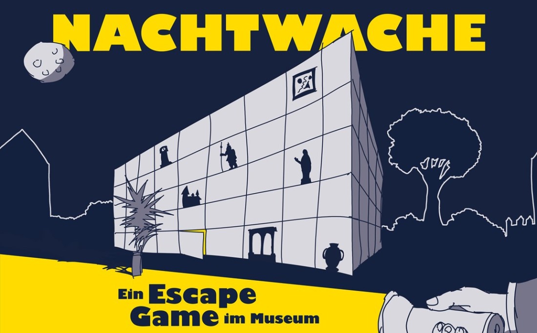 Keyvisual zur Ausstellung Nachtwache. ein Escape Game im Museum: Grafik mit dem Landesmuseum bei Nacht und einer Taschenlampe
