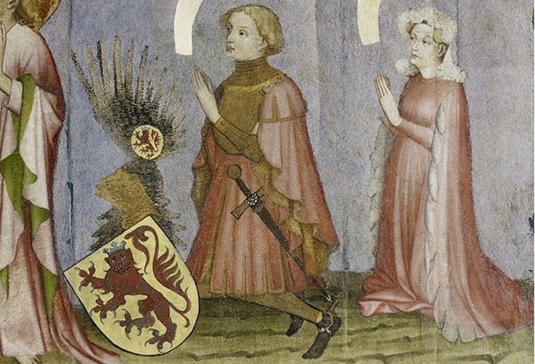 Ausschnitt aus dem Bornhofener Retabel mit der Darstellung eines knienden Ritters mit seinem Helm und Ritterschild