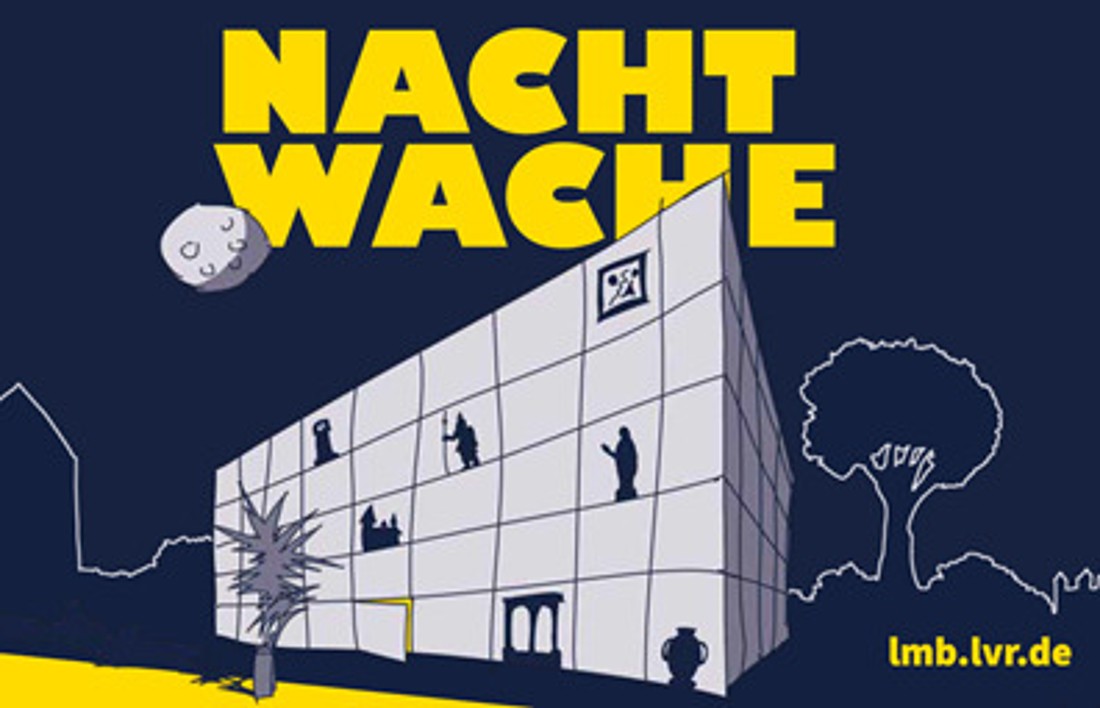 Keyvisual und Grafik zum Escape Game "Nachtwache": Das Landesmuseum bei Nacht und eine Taschenlampe.