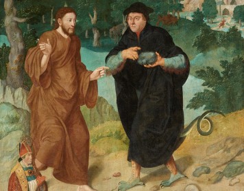 Vor einer Hügellandschaft mit einer Stadt stehen zwei Personen: Jesus in brauner Gewandung neben dem Teufel, der in schwarz gekleidet ist und die Gestalt von Luther hat.