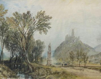 Das Gemälde zeigt eine idyllische Landschaft mit Bäumen, einen kleinen Teich und zentral ist ein Hochkreuz positioniert. Angedeutete Personen laufen rechts von dem Hochkreuz und im Hintergrund erkennt man den Umriss einer Burg mit Turm.