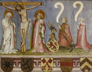 Die Tafel zeigt die Kreuzigung Christi. In der linken Hälfte der Tafel erkennt man Christi am Kreuz, welcher von zwei Heiligen betrauert wird. Rechts im Bild knien ein Mann und eine Frau in Gebetshaltung.