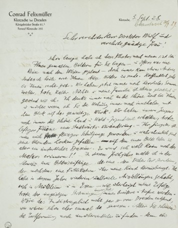 Die Vorderseite eines handschriftlichen Briefs von Conrad Felixmüller, datiert auf den 3. September 1928.