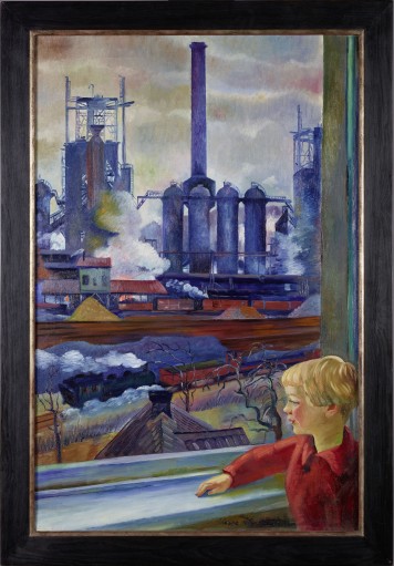 Das Ölgemälde von Felixmüller zeigt einen Jungen, der aus dem Fenster auf einen Hochofen blickt.