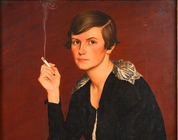 Das Gemälde zeigt eine Frau mit Kurzhaarschnitt, die lässig eine Zigarette in der Hand hält und den Betrachter anblickt.