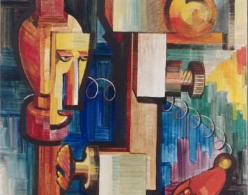 Ein farbenfrohes abstrahierendes Gemälde, das die Verschmelzung von Mensch und Maschine darstellt.